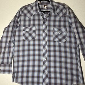 Karman Pearl Snap Vtg Western Shirt Mens Size 17-34 Blue Brown Plaid Lightweight